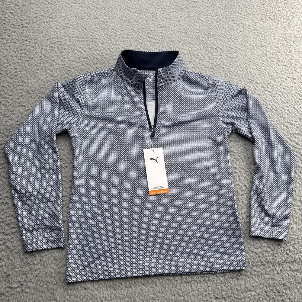 PUMA Golf 1/4 Zip Pullover Girls XS Blue Geometric UPF50 831142-01